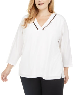 Calvin Klein Women's Plus Size Beaded Neckline Top White Size 0X