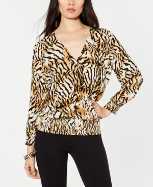 IINC International Concepts Women's Animal Print Smocked Blouse Brown Size X-Large