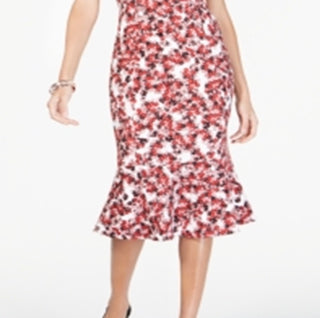 Alfani Women's Printed Jewel Neck MIDI Mermaid Dress Red Size 14