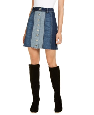 Inc International Concepts Women's Denim Patchwork Mini Skirt  - Indigo Blue Size 14