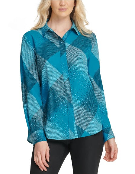 DKNY Women's Teal Pleated Printed Cuffed Sleeve Point Collar Wear to Work Button up Top Green Size M