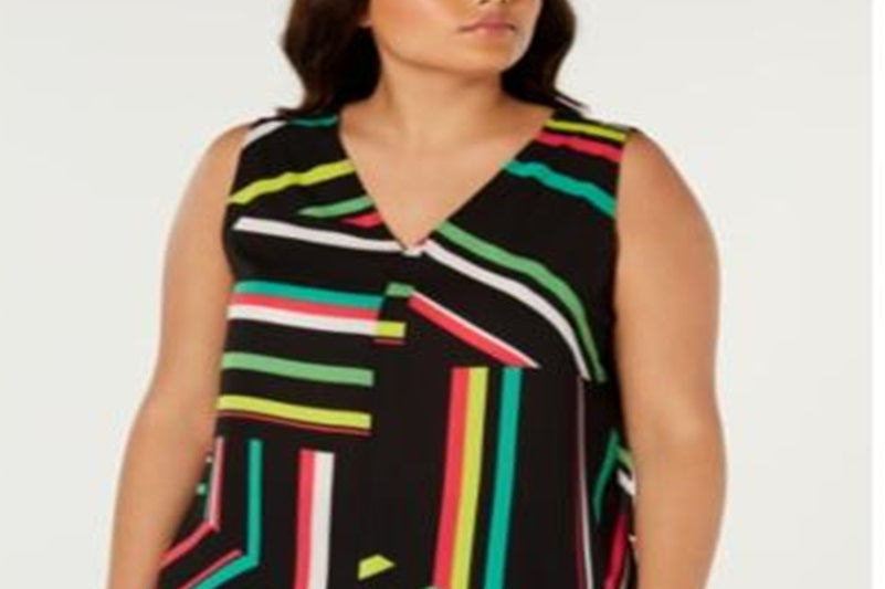 Bar III Women's Striped Sleeveless V Neck Tank Top Black Size 2X