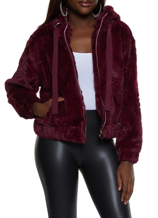 Almost Famous Women's Faux Fur Solid Zip up Jacket Wine Size Medium