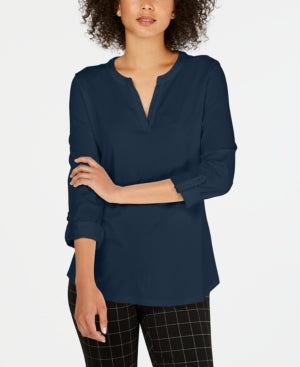 Charter Club Women's Petite Supima Cotton Split-Neck Top Blue Size Petite XL