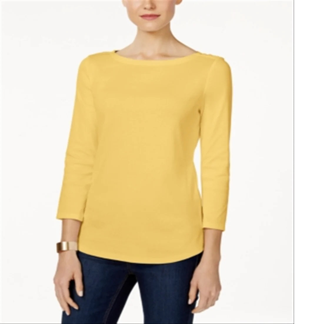 Charter Club Women's Pima Cotton Boat-Neck Button-Shoulder Top  Yellow Size XL