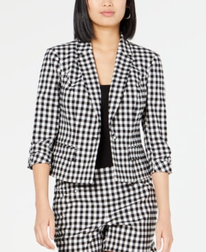 Inc Women's Petite 3/4-Sleeve Gingham Blazer Black Size Petite Small