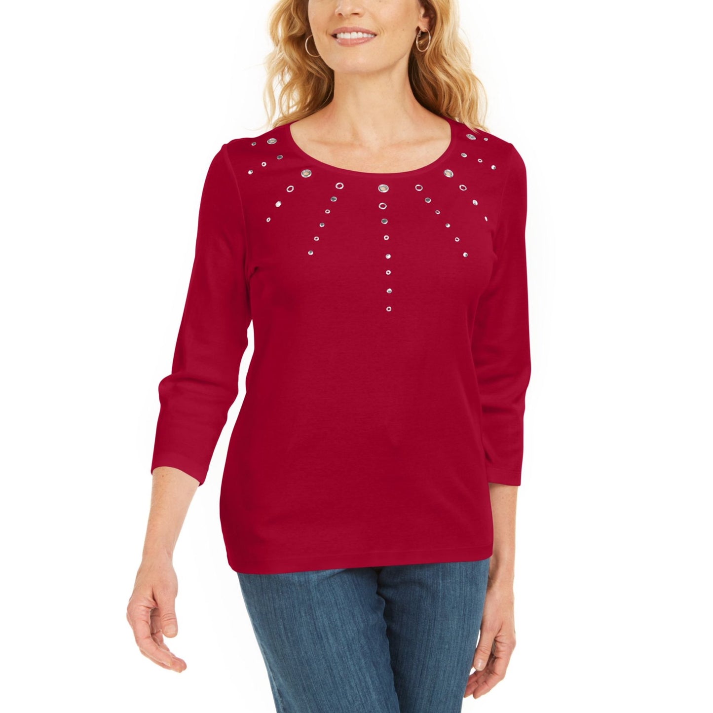 Karen Scott Women's Grommet-Embellished Top New Red Amore Size M
