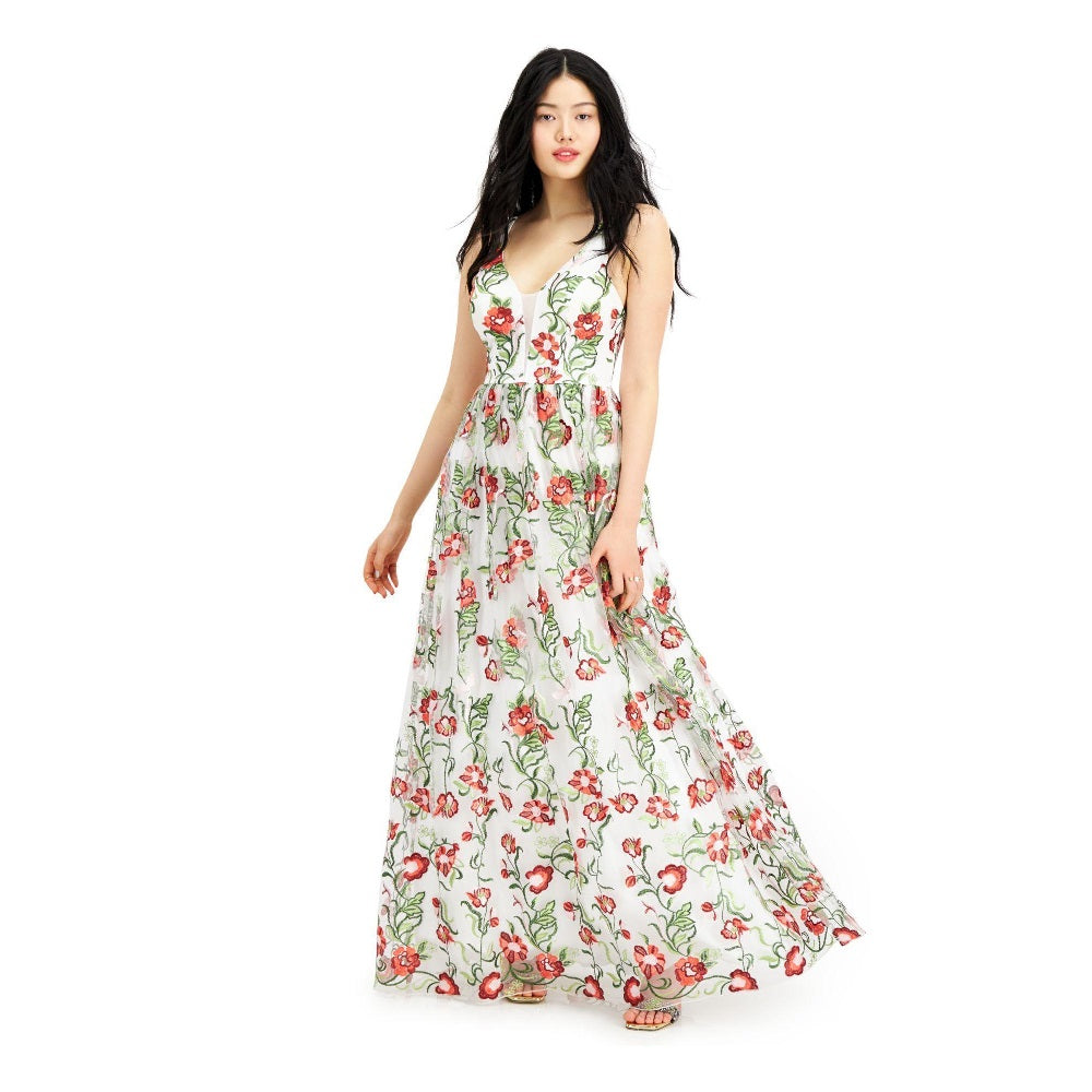 City Studios Juniors' Embroidered-Floral Gown Dress White Size 0