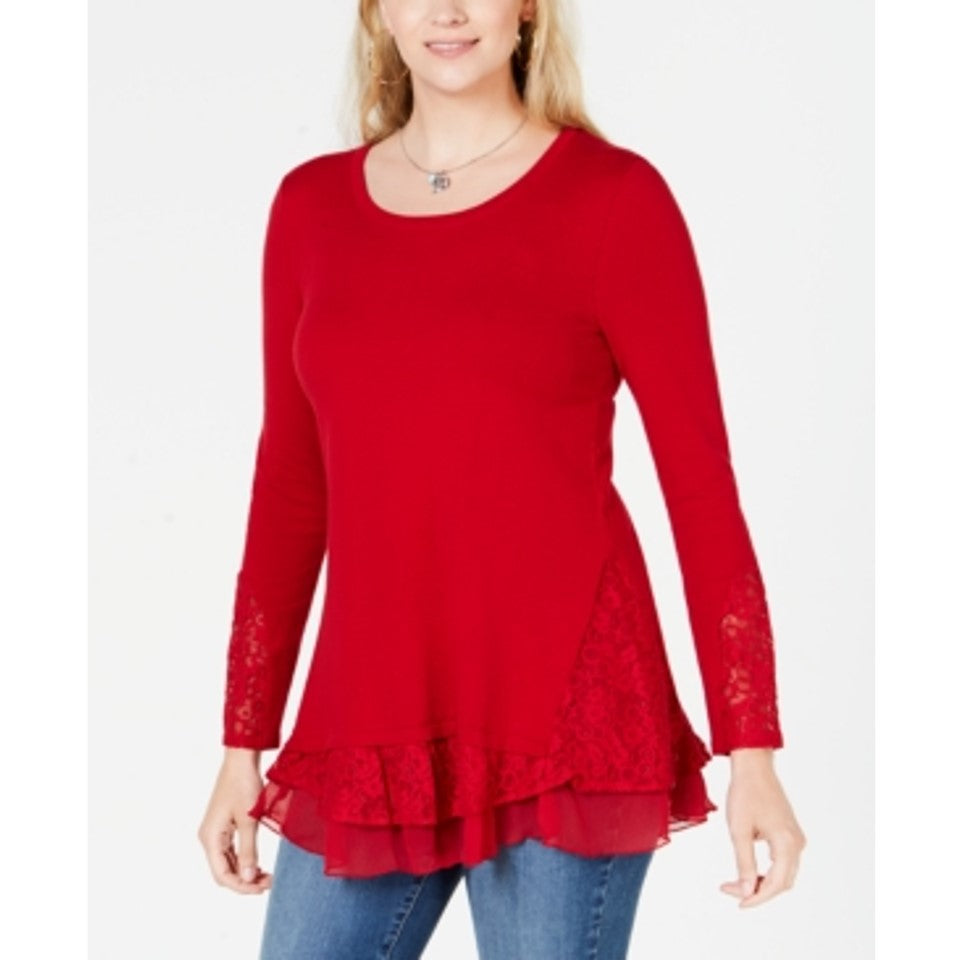 Style & Co Women's Lace TrimLong Sleeve Top Red SizePetite M