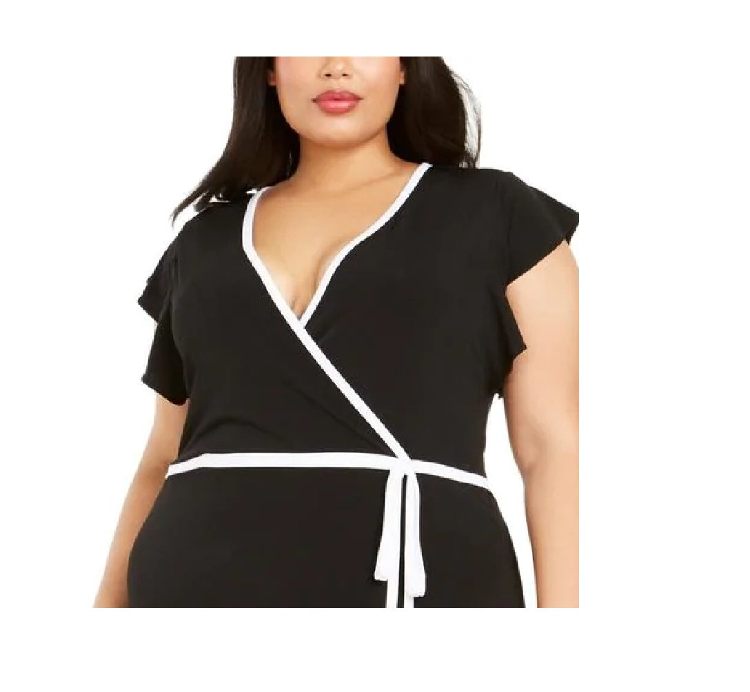 Michael Kors Women's Plus Mini Dress Faux Wrap Contrast Trim Black Size 2X