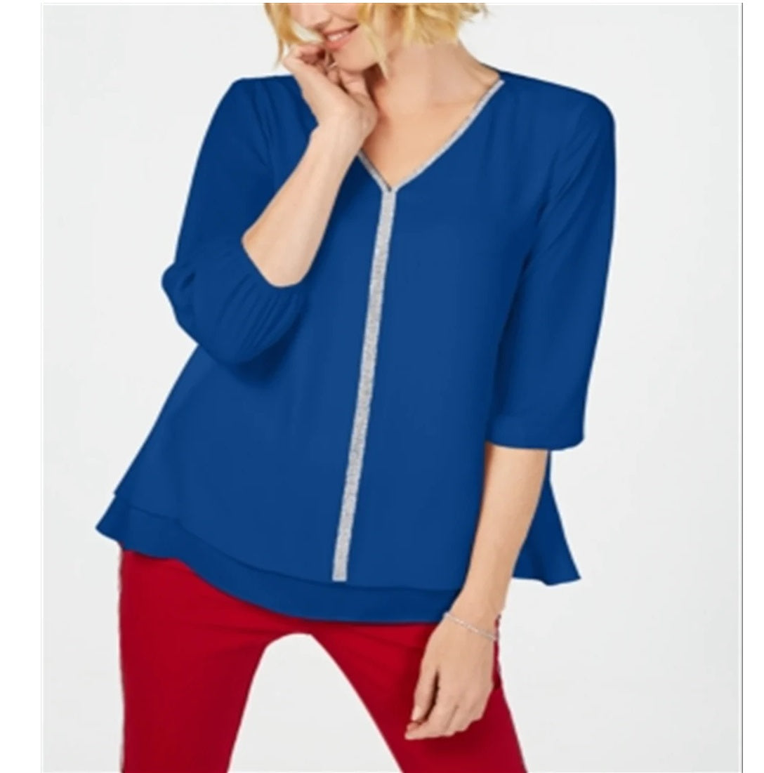 JM Collection Women's Jeweled Tiered-Hem Blouse, Cre Jmc Blue Steel Size M