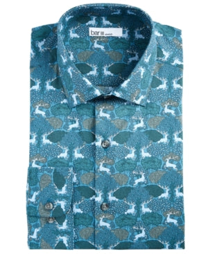 Bar III Men's Slim-Fit Performance Stretch Forest Deer-Print Dress Shirt Blue Size 36-37