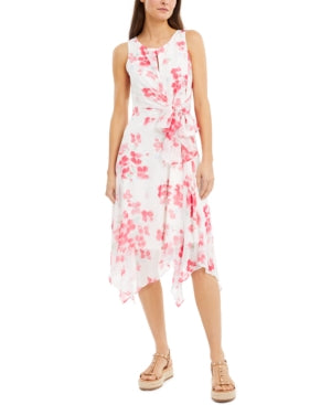 INC International Concepts Women's Floral-Print Handkerchief-Hem Dress Ivory Pink Punch Multi Size 16