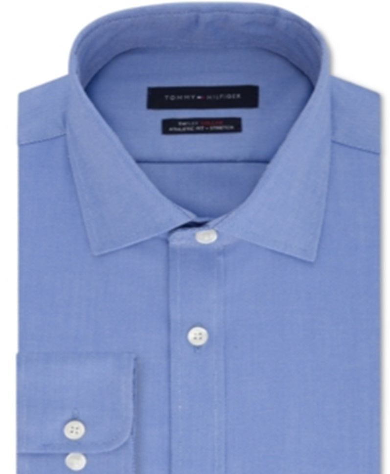 Tommy Hilfiger Men's Athletic Fit Performance Stretch Th Flex Collar Solid Dress Shirt Blue Size XL