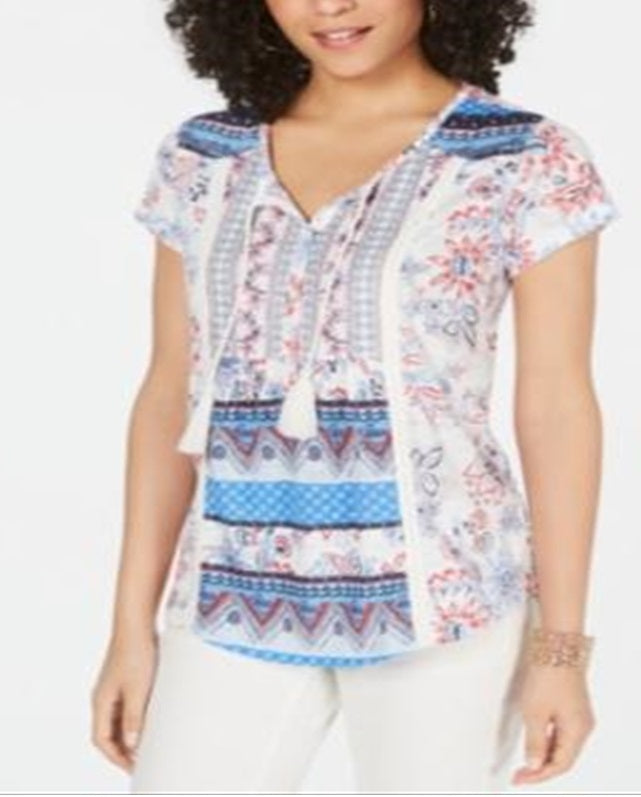 Style & Co Women's Printed Tassel Top White Size Petite M