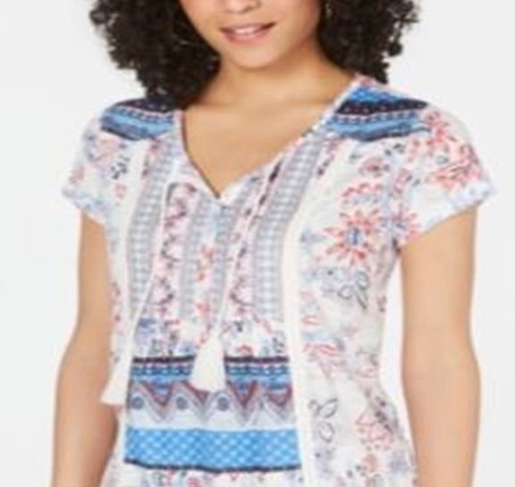 Style & Co Women's Printed Tassel Top White Size Petite M