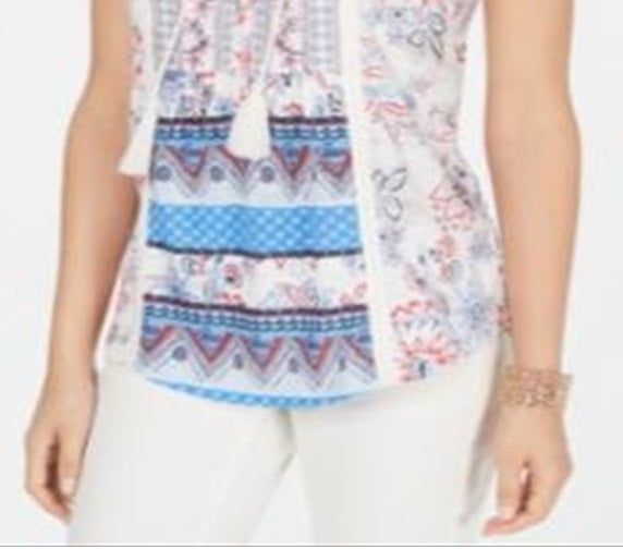 Style & Co Women's Printed Tassel Top White Size Petite M