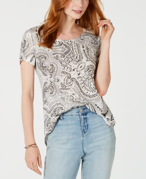 Style & Co Women's Printed Scoop-Neck Top White Size S