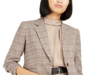 Bar III Women's One Button Plaid Blazer Brown Size 0
