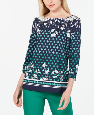 Charter Club Women's Blue Floral 3/4 Sleeve Jewel Neck Top Size S