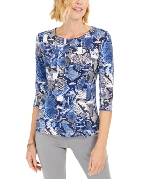 Jm Collection Women's Printed Scoop-Neck Top Blue Size XL