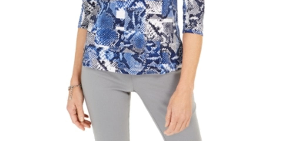 Jm Collection Women's Printed Scoop-Neck Top Blue Size XL