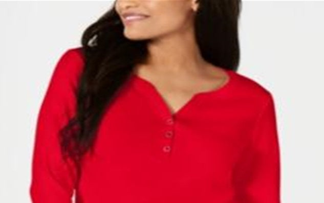 Karen Scott Women's Cotton Henley Top Red Size Small