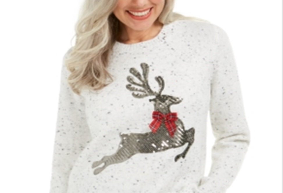Karen Scott Women's Sequin Reindeer Sweater White Size Petite Medium