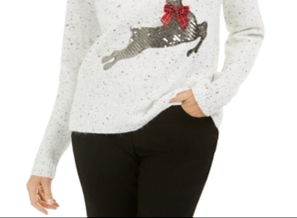 Karen Scott Women's Sequin Reindeer Sweater White Size Petite Medium