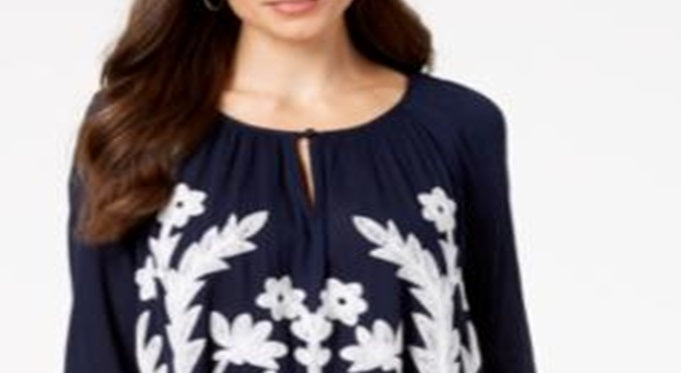 Charter Club Women's Embroidered Gauze Top Blue Size Petite L