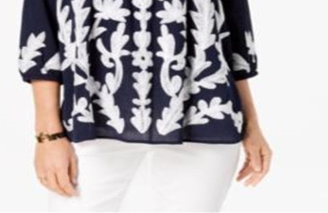 Charter Club Women's Embroidered Gauze Top Blue Size Petite L