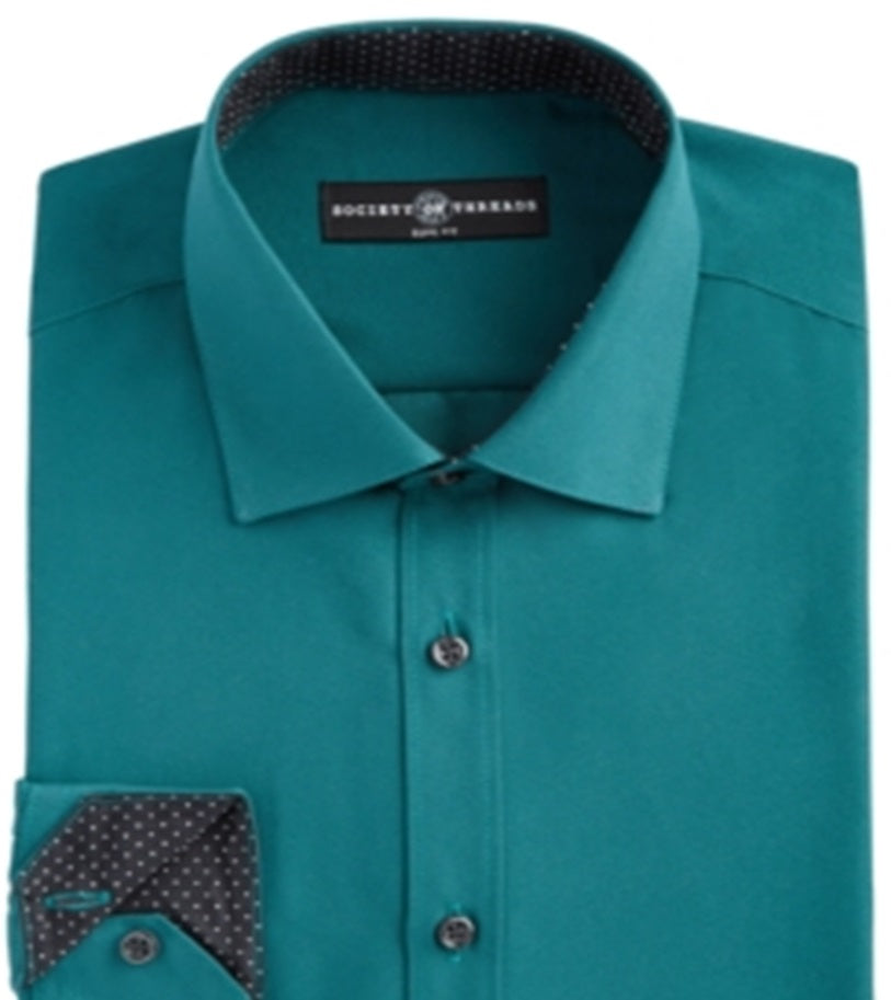 Society Of Threads Men's Slim Fit Solid Dress Shirt Green Size XX-Large