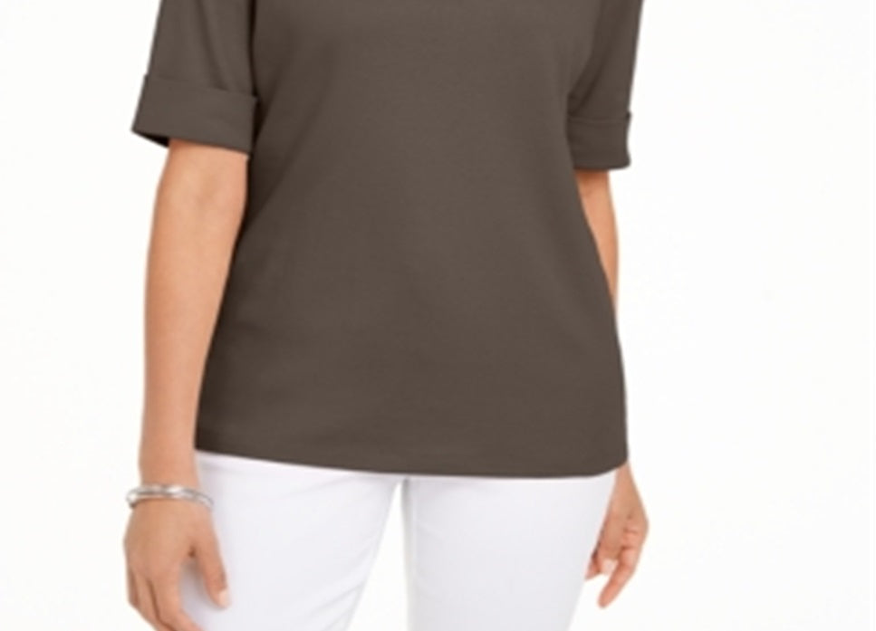 Karen Scott Women's Boat Neck Elbow Sleeve Top Brown Size Small