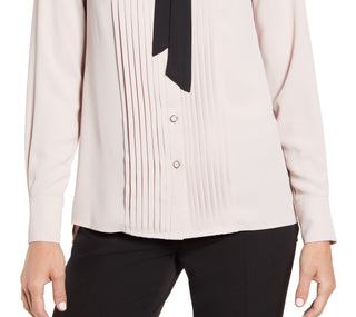 Anne Klein Women's Tie Neck Button Down Blouse Pink Size 12