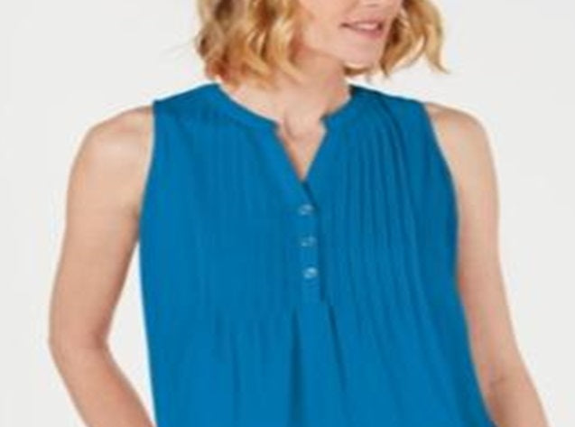 Charter Club Women's Sleeveless Pintuck Blouse Blue Size X-Large