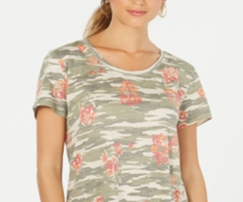 Style & Co Women's Cotton Printed Scoop Neck Top Green Size Small