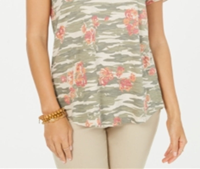 Style & Co Women's Cotton Printed Scoop Neck Top Green Size Small