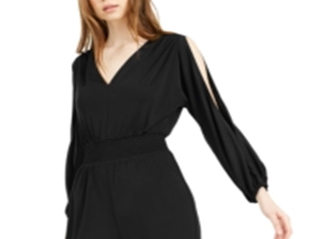 Bar III Women's Slit Sleeve V Back Jumpsuit Black Size Large