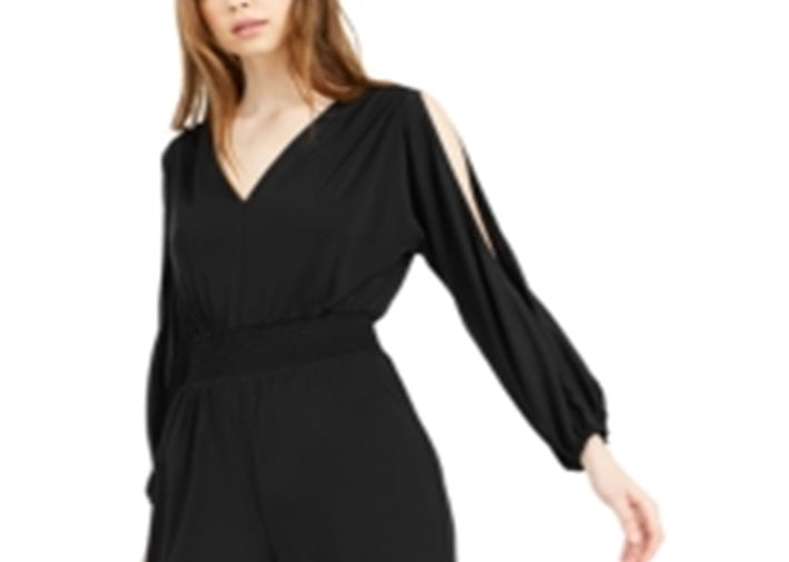 Bar III Women's Slit Sleeve V Back Jumpsuit Black Size Medium