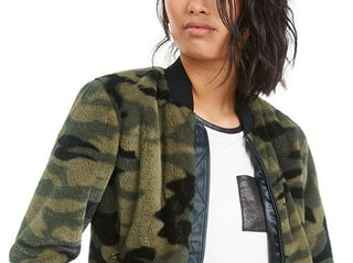 Bar III Women's Camouflage Bomber Jacket Green Size Medium