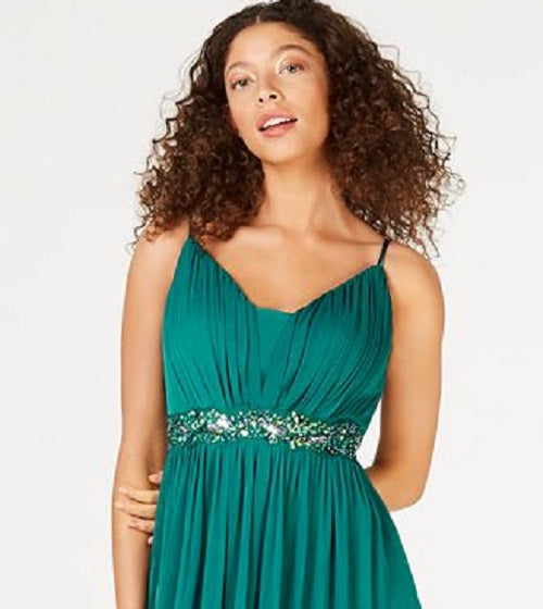 Teeze Me Women's Embellished Spaghetti Strap V Neck Maxi Evening Sheath Dress Green Size 0