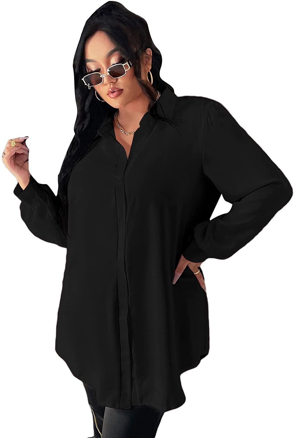 NY Collection Women's Plus High Low Slit Hem Button up Blouse Black Size 1X