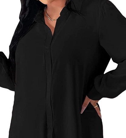 NY Collection Women's Plus High Low Slit Hem Button up Blouse Black Size 1X