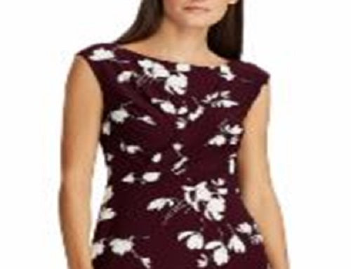 Ralph Lauren Women's Floral Sleeveless Jewel Neck Knee Length Sheath Dress Wine Size 2 Petite