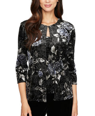 Alex Evenings Women's Textured Printed Long Sleeve Crew Neck Evening Top Black Size Petite X-Large