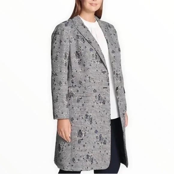Calvin Klein Women's Plus Plaid & Floral Coat Navy Size 14W