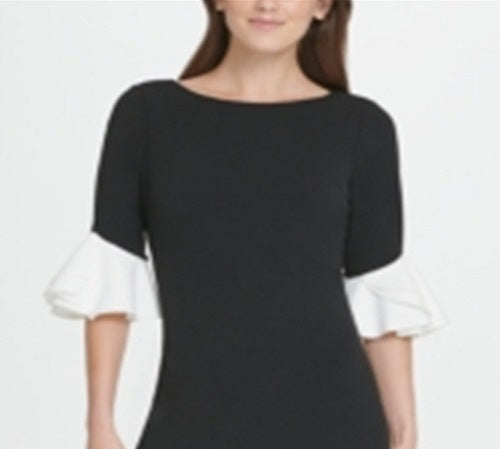 DKNY Women's Bell Sleeve Jewel Neck Below the Knee Body Con Formal Dress Black Size 16