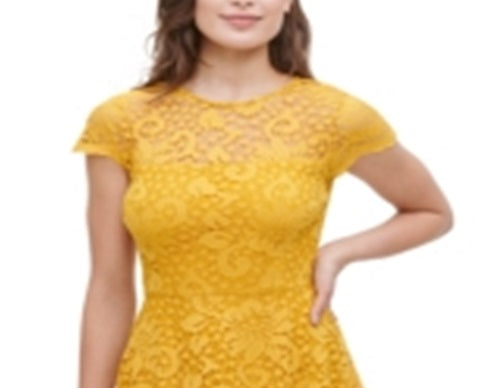 Kensie Women's Short Sleeve Illusion Neckline Short Sheath Dress Yellow Size 4