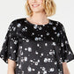 Alfani Women's Floral Print Satin Smocked Shoulder Top Black Size XX-Large