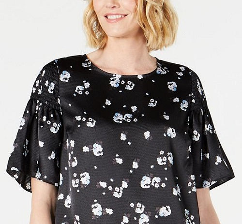 Alfani Women's Floral Print Satin Smocked Shoulder Top Black Size XX-Large